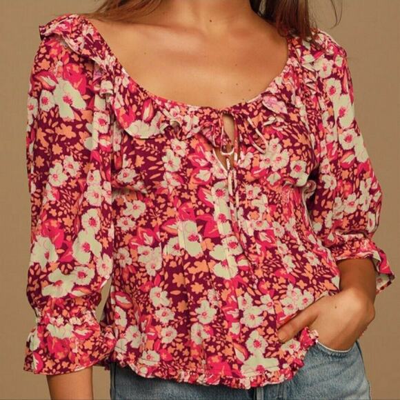 Free People Red Fruit Punch Sweet Memories Smocked Waist Boho Blouse M - Picture 1 of 7